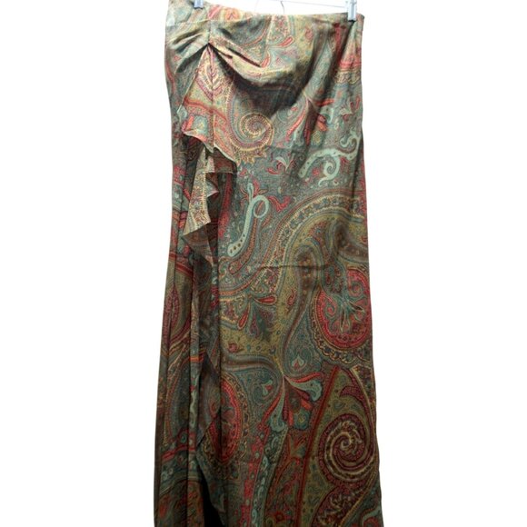 Ralph Lauren LRL Paisley Silk Maxi Skirt Womens S Brown Velvet Lining Luxe Boho - Picture 1 of 7